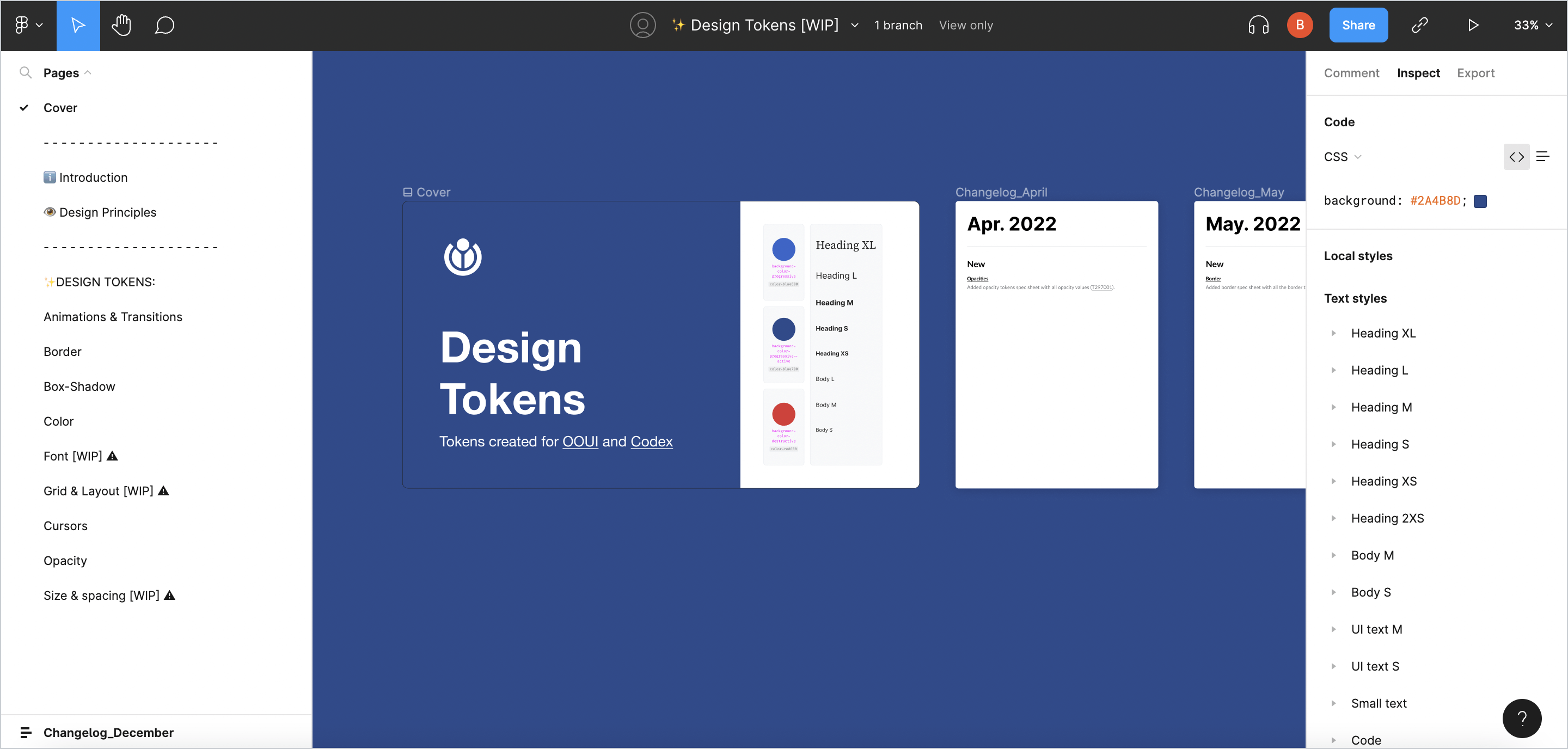 Screenshot of design tokens library in Figma