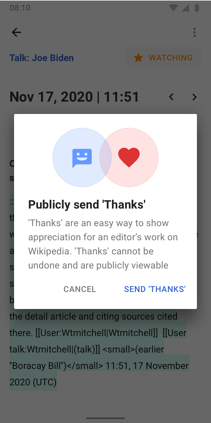 Wikipedia for Android app: 'Thanks' interaction screenshot.