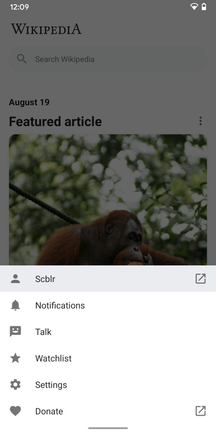 Wikipedia for Android app: 'More' navigation.
