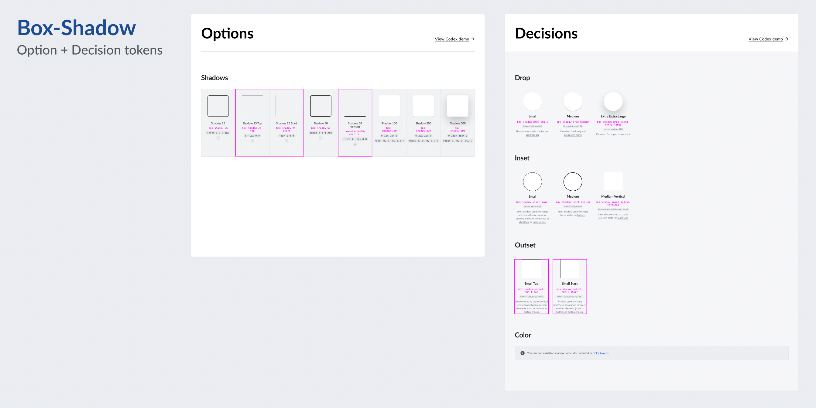 Option and decision tokens on example box shadows